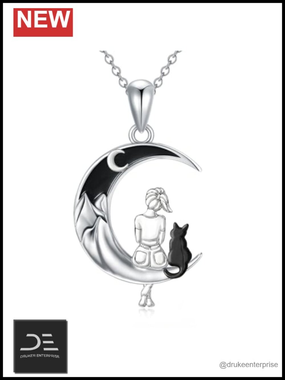 Sterling Silver Pendant Necklace Moon with Cat Gothic
